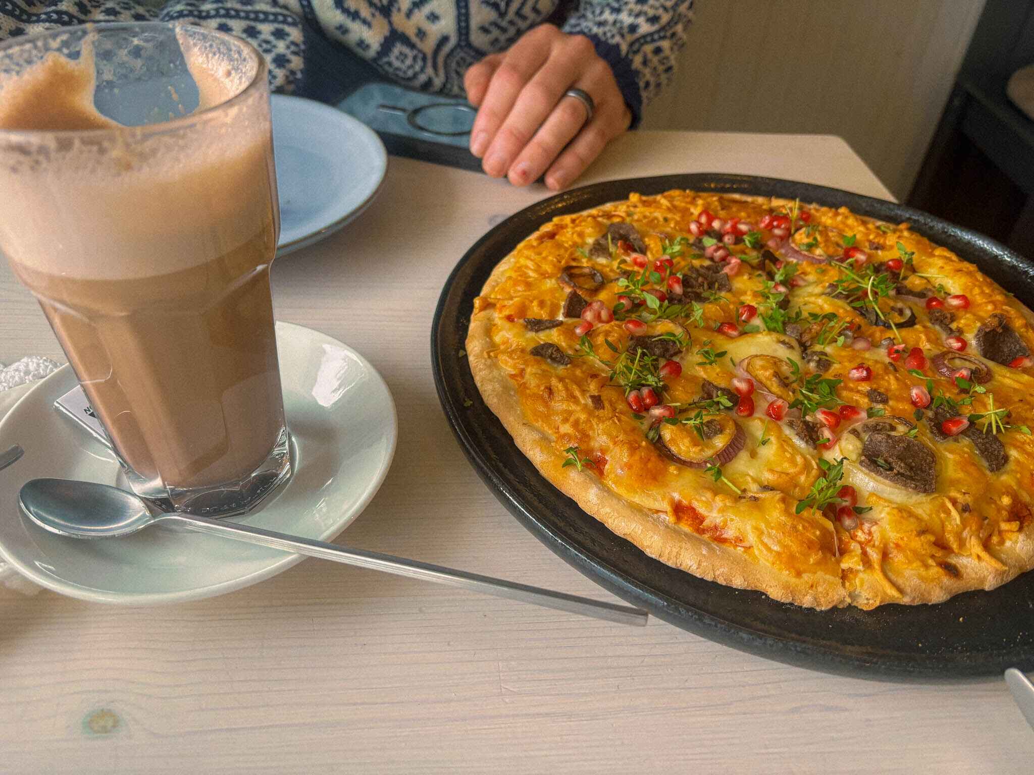 image of a massive mocha and a reindeer pizza at Hyttekroa on Senja Island