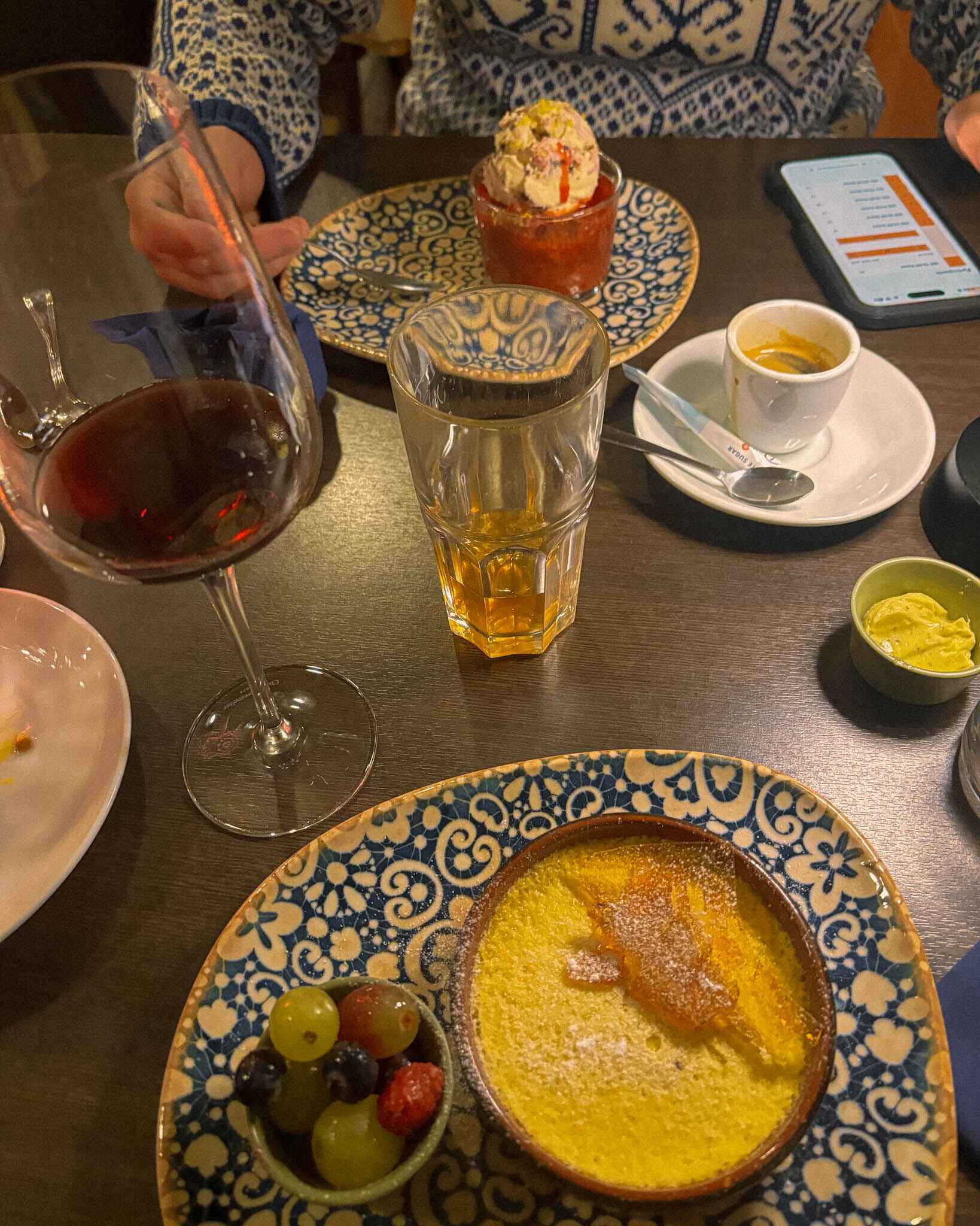 image of deserts at Storbrygga restuarant on Senja Island, red wine, creme brulee, and a berry kompot with ice cream