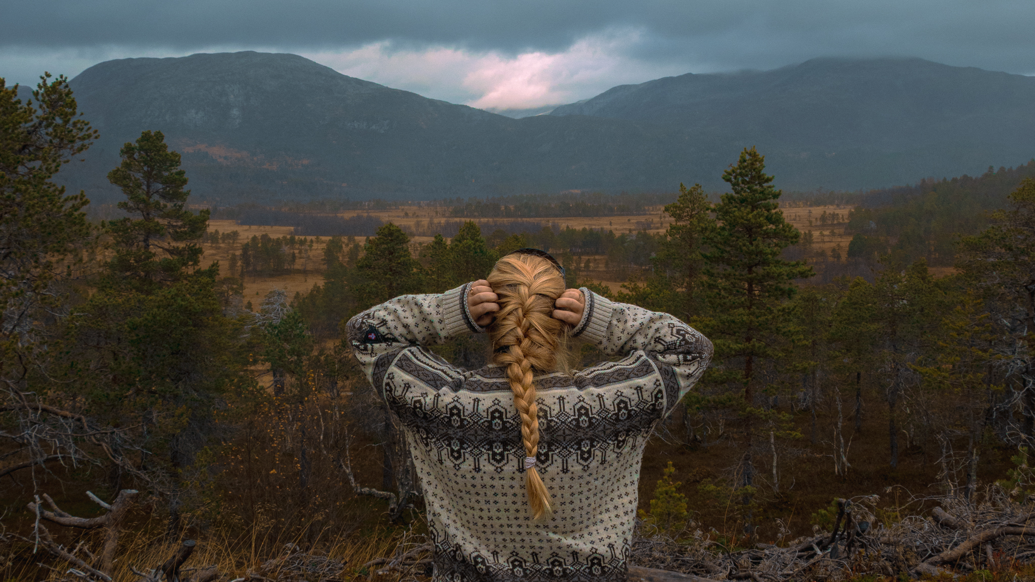 Image of a hiker (me, the author!) standing in front of a valley with mountains in the distance on a cloudy, moody day on Senja Island