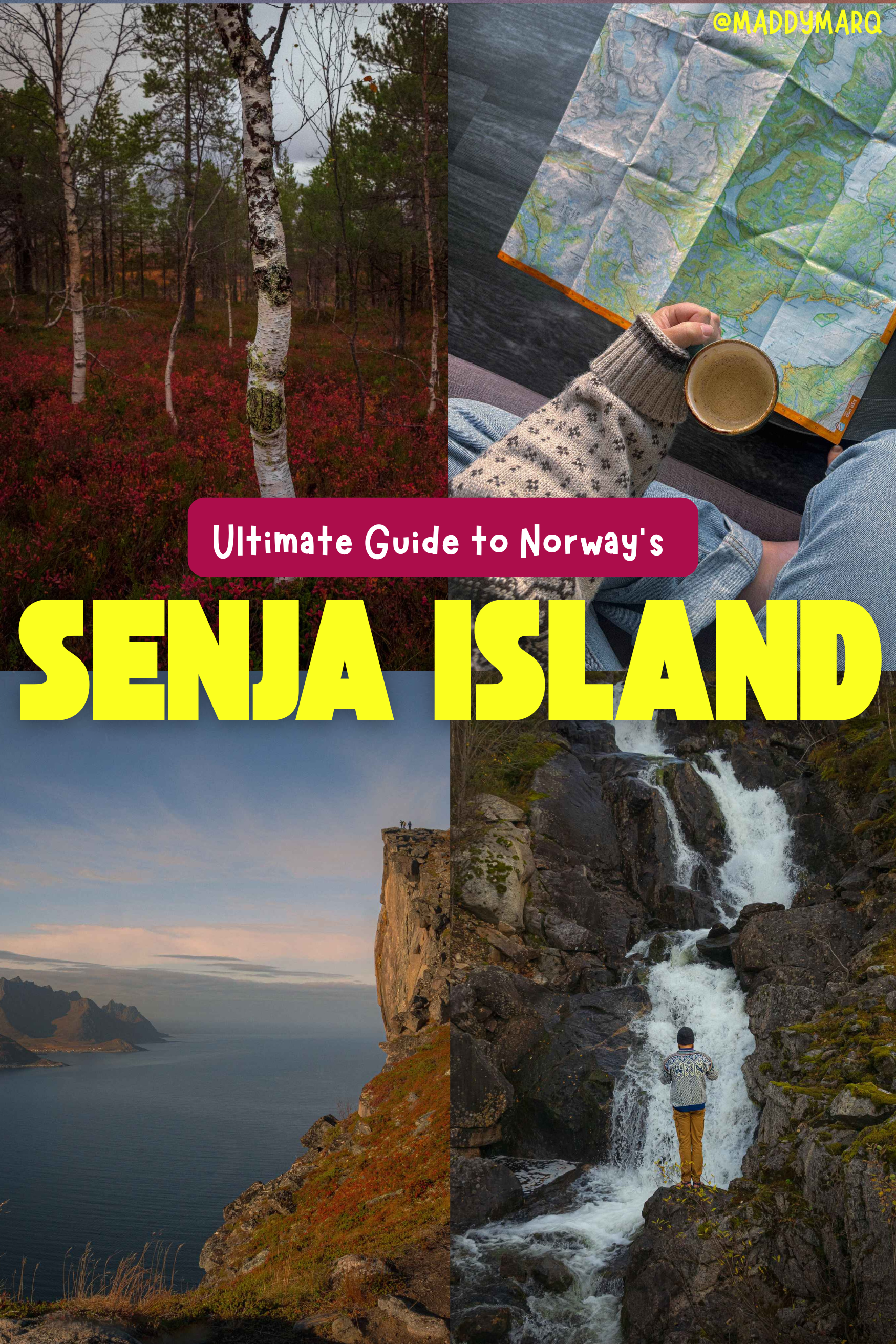 text "ultimate guide to norway's senja island" written over images of a birch tree surrounded by red fall color on the forest floor, a coffee mug held by a map of norway, a view of a cliff over the ocean, a man standing in front of a waterfall